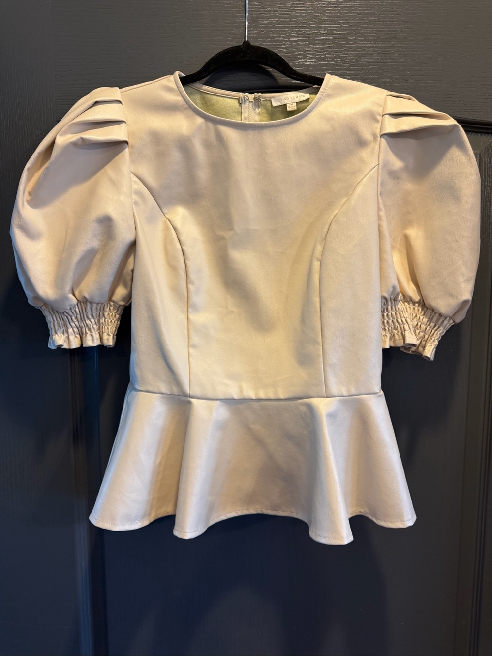 Flying Tomato Peplum Puff Sleeve Top in Cream Faux Leather M